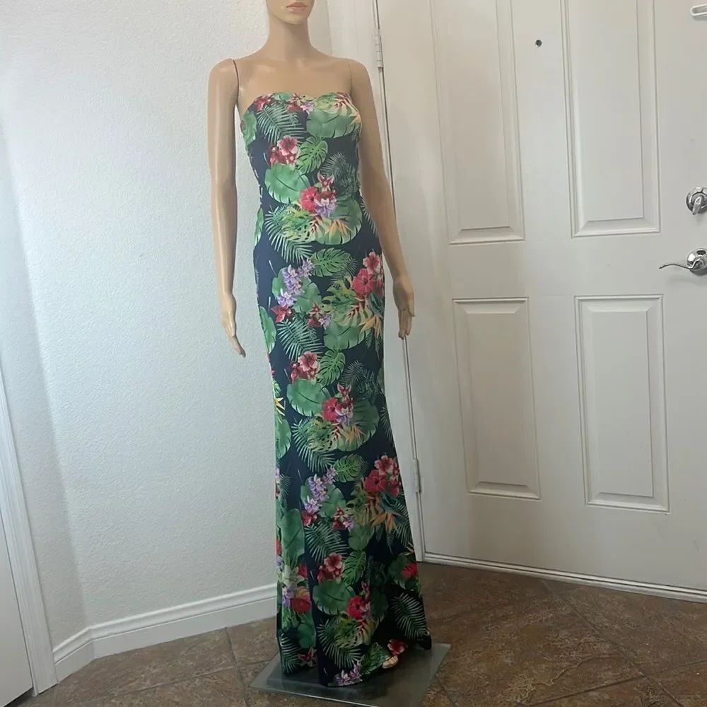 Fashion Nova Dress Strapless Tropical Floral Maxi Resort Wear Vacation